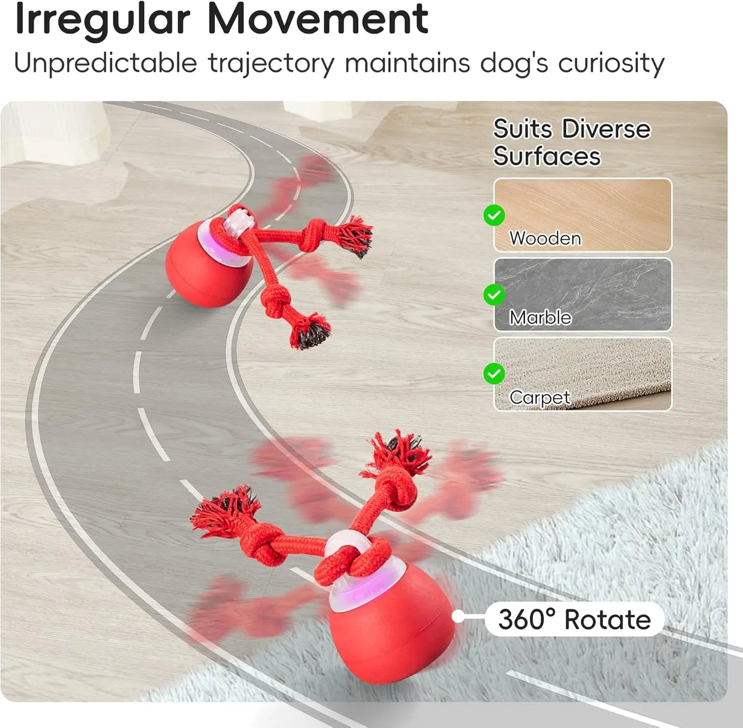 Potaroma Touch-Activated Dog Ball Toy - Rechargeable, Squeaky, and Interactive Moving Ball with Rope for Medium and Small Dogs - Dark Red