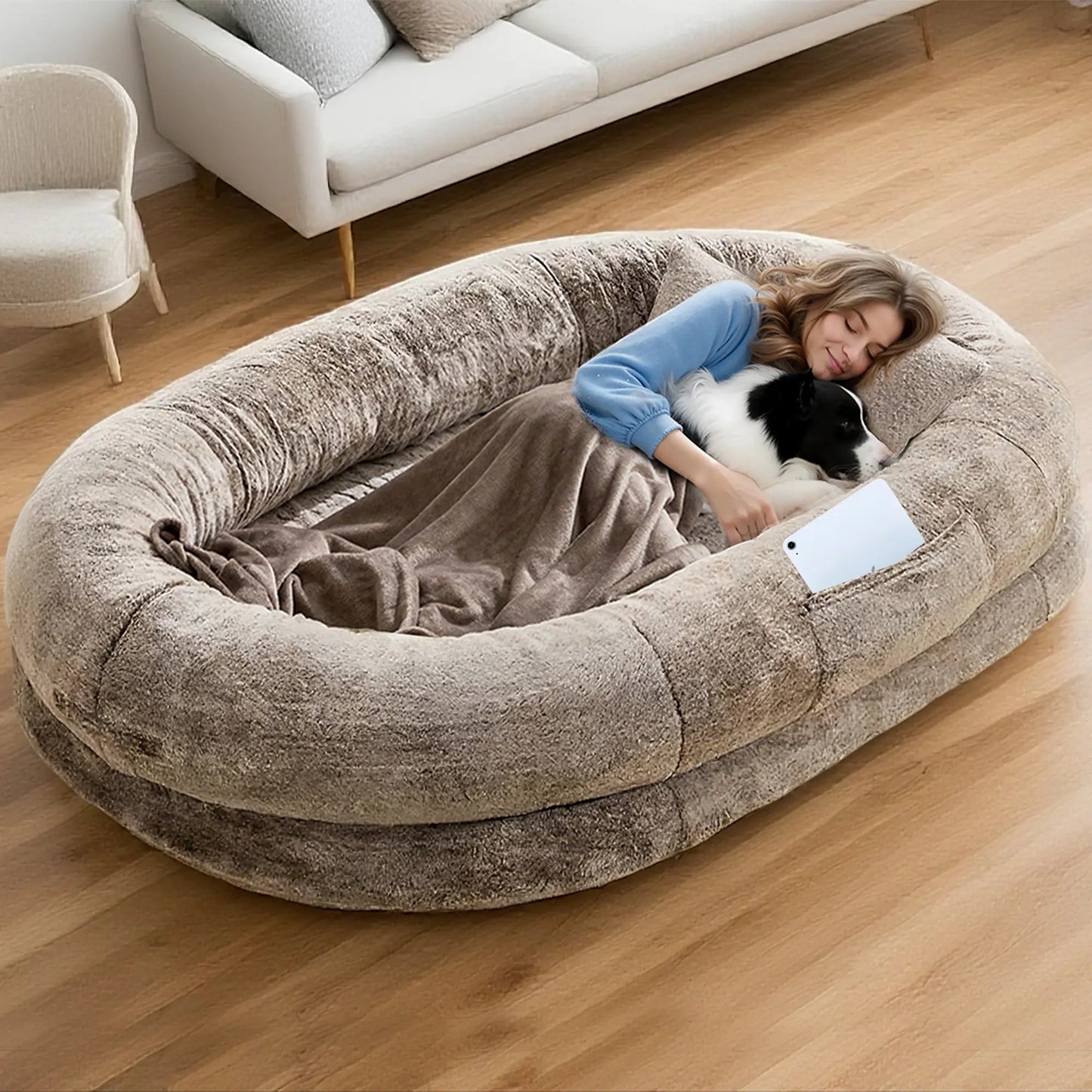 Extra Large Orthopedic Faux Fur Dog Bed for Adults and Pets – Comfortable Lounger with Pillow and Blanket, Washable Nap Bed, Ideal for Senior and Disabled Dogs, Perfect Gift for Pet Enthusiasts
