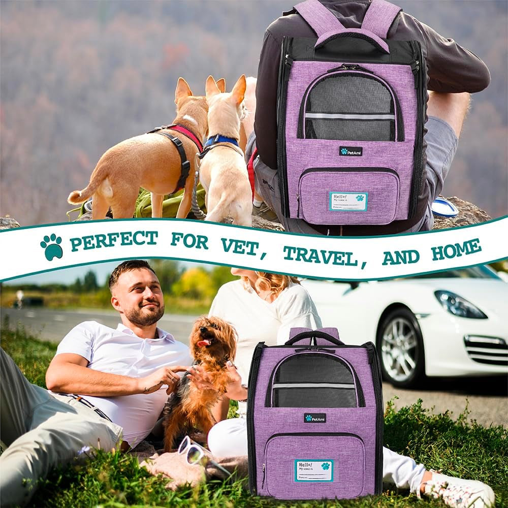 Ventilated Dog and Cat Backpack Carrier, Airline Approved for Pets up to 18 lbs, Ideal for Hiking, Camping, and Biking, Purple