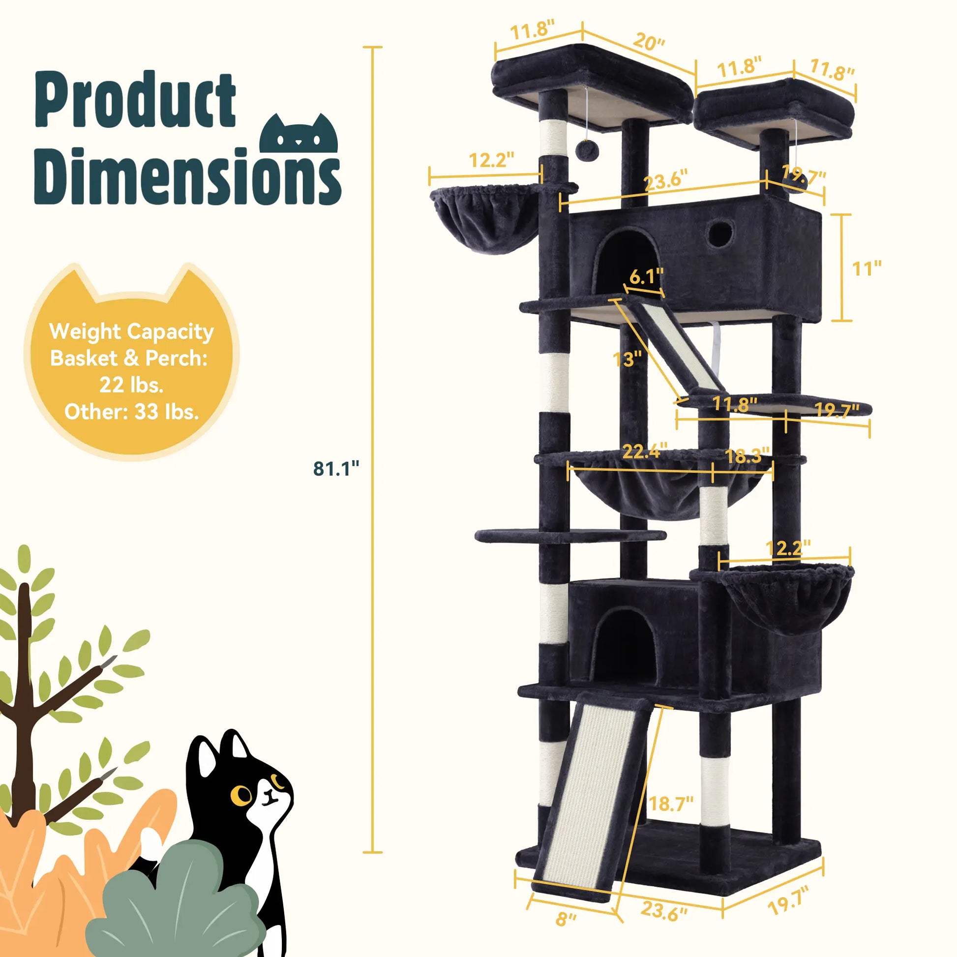 HOOMIC 81-Inch Large Cat Tree Tower - Multi-Level Climbing Structure with Condo, Hammock, and Scratching Post for Larger Cats, Available in Various Colors and Patterns