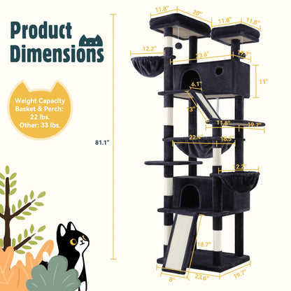 HOOMIC 81-Inch Large Cat Tree Tower - Multi-Level Climbing Structure with Condo, Hammock, and Scratching Post for Larger Cats, Available in Various Colors and Patterns