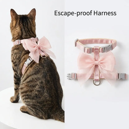Cat Harness & Leash Set with Large Bow Anti-Escape Design for Small Medium Cats Anti-Breaking Not Strangling for Safe Walks Collars