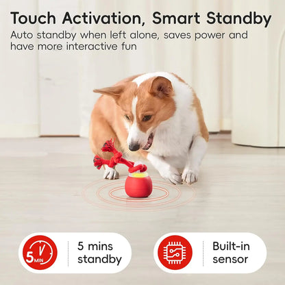 Potaroma Touch-Activated Dog Ball Toy - Rechargeable, Squeaky, and Interactive Moving Ball with Rope for Medium and Small Dogs - Dark Red