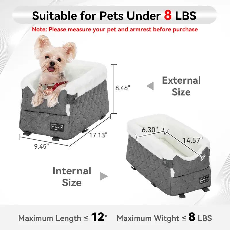 PETSFIT Center Console Dog Car Seat with Enhanced Safety Features, Washable Cushion, and 5-Year Warranty for Small Dogs Up to 8 lbs (Grey)