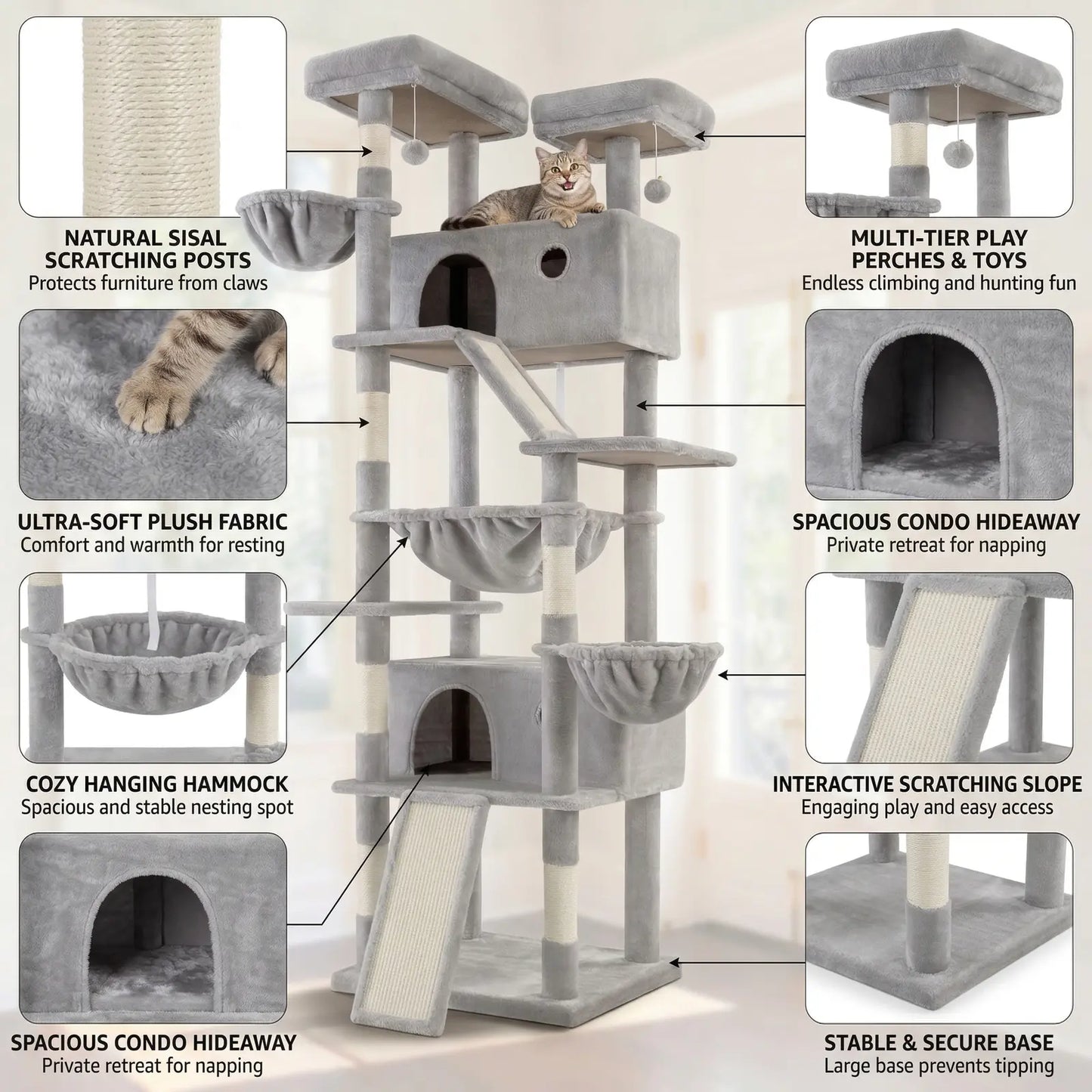 HOOMIC 81-Inch Large Cat Tree Tower - Multi-Level Climbing Structure with Condo, Hammock, and Scratching Post for Larger Cats, Available in Various Colors and Patterns