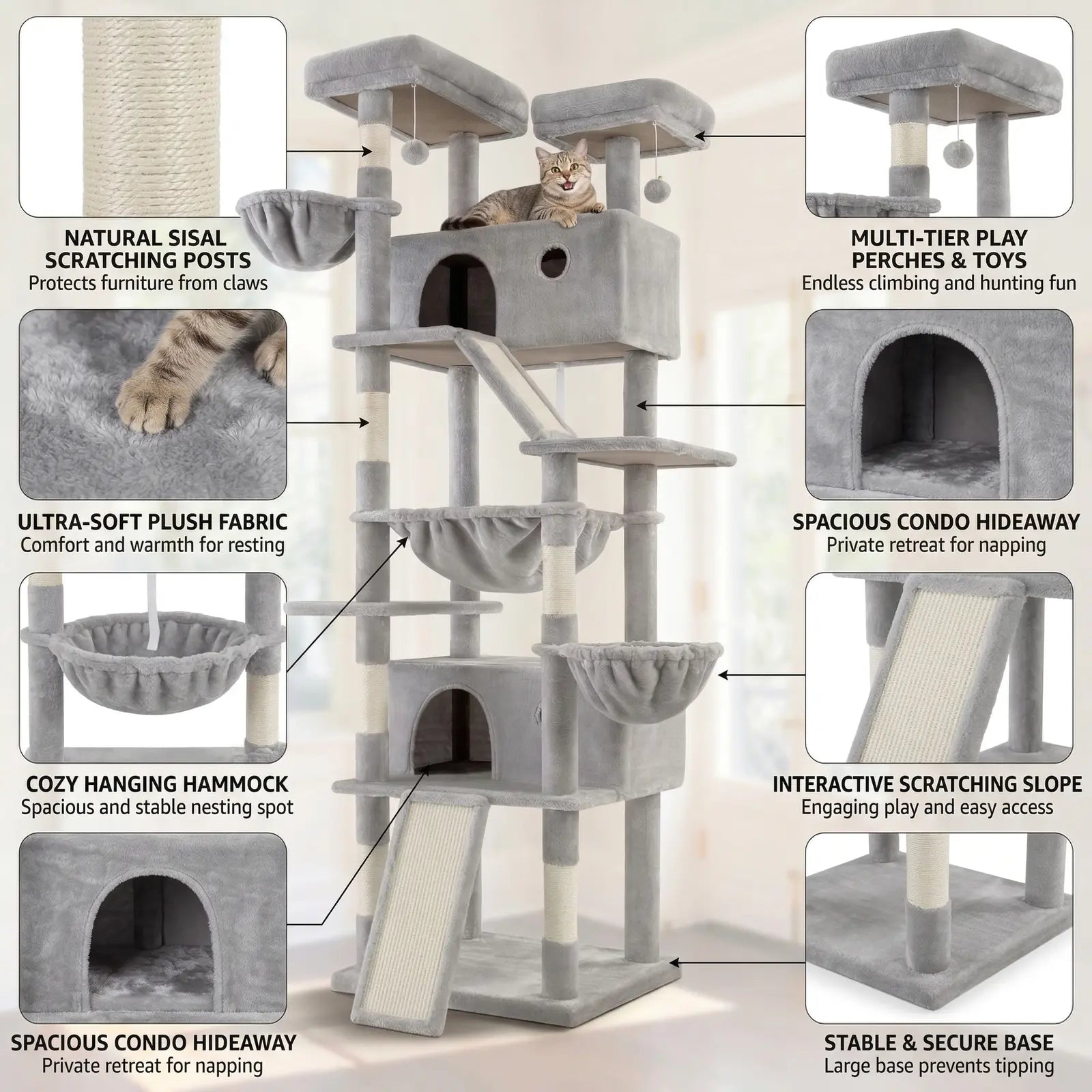 HOOMIC 81-Inch Large Cat Tree Tower - Multi-Level Climbing Structure with Condo, Hammock, and Scratching Post for Larger Cats, Available in Various Colors and Patterns