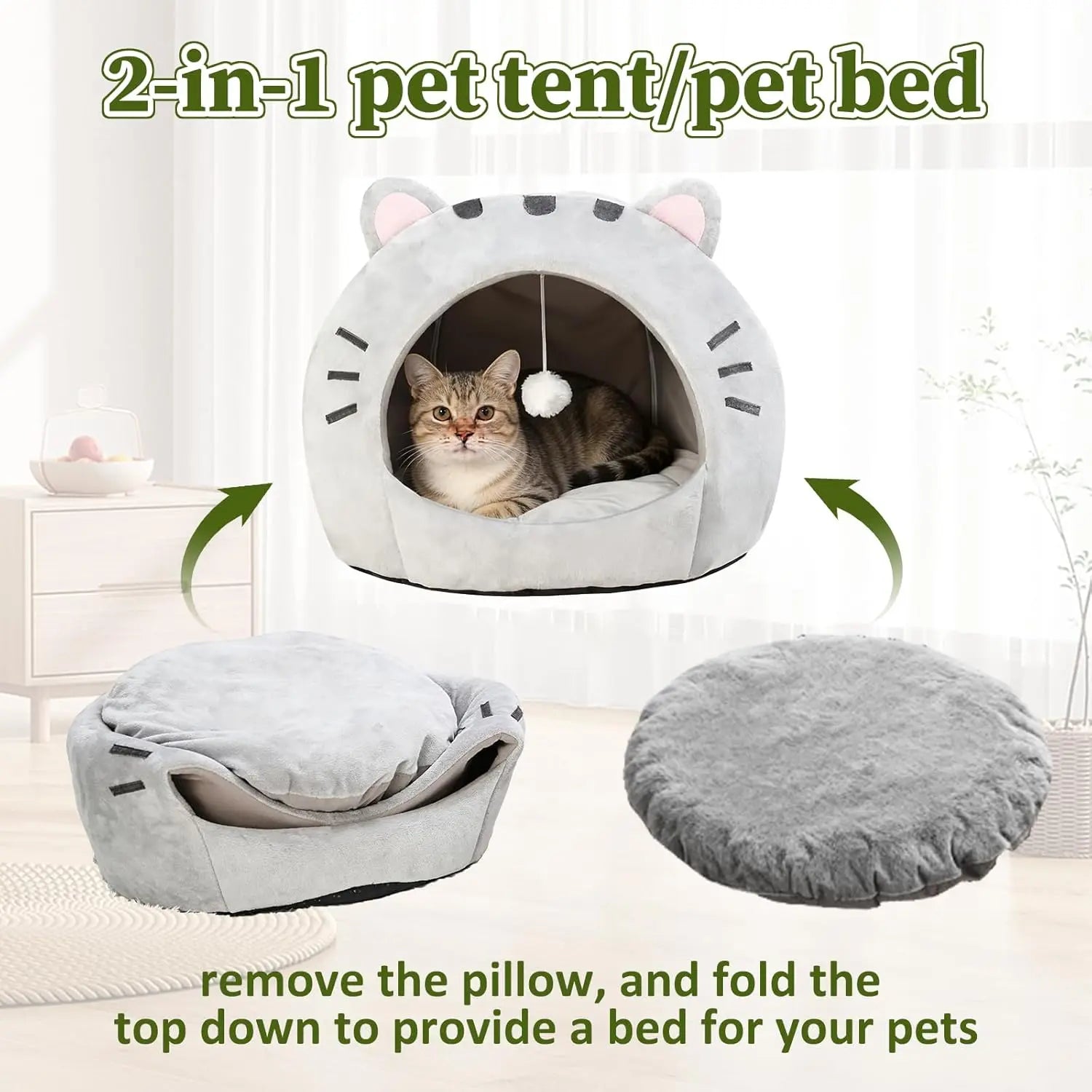 Cozy Semi-Enclosed Cat Cave Bed with Removable Pillow and Hanging Toy - Soft and Breathable Indoor Nest for Kittens