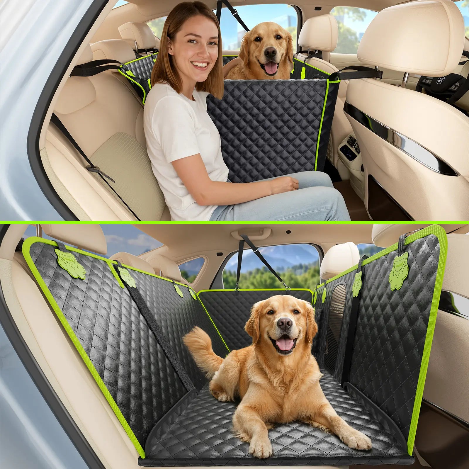 Pecute Waterproof Pet Car Seat Cover - Backseat Hammock with Mesh Window & Storage Pocket, Non-Slip 600D, Easy to Install and Washable for Cars and Trucks