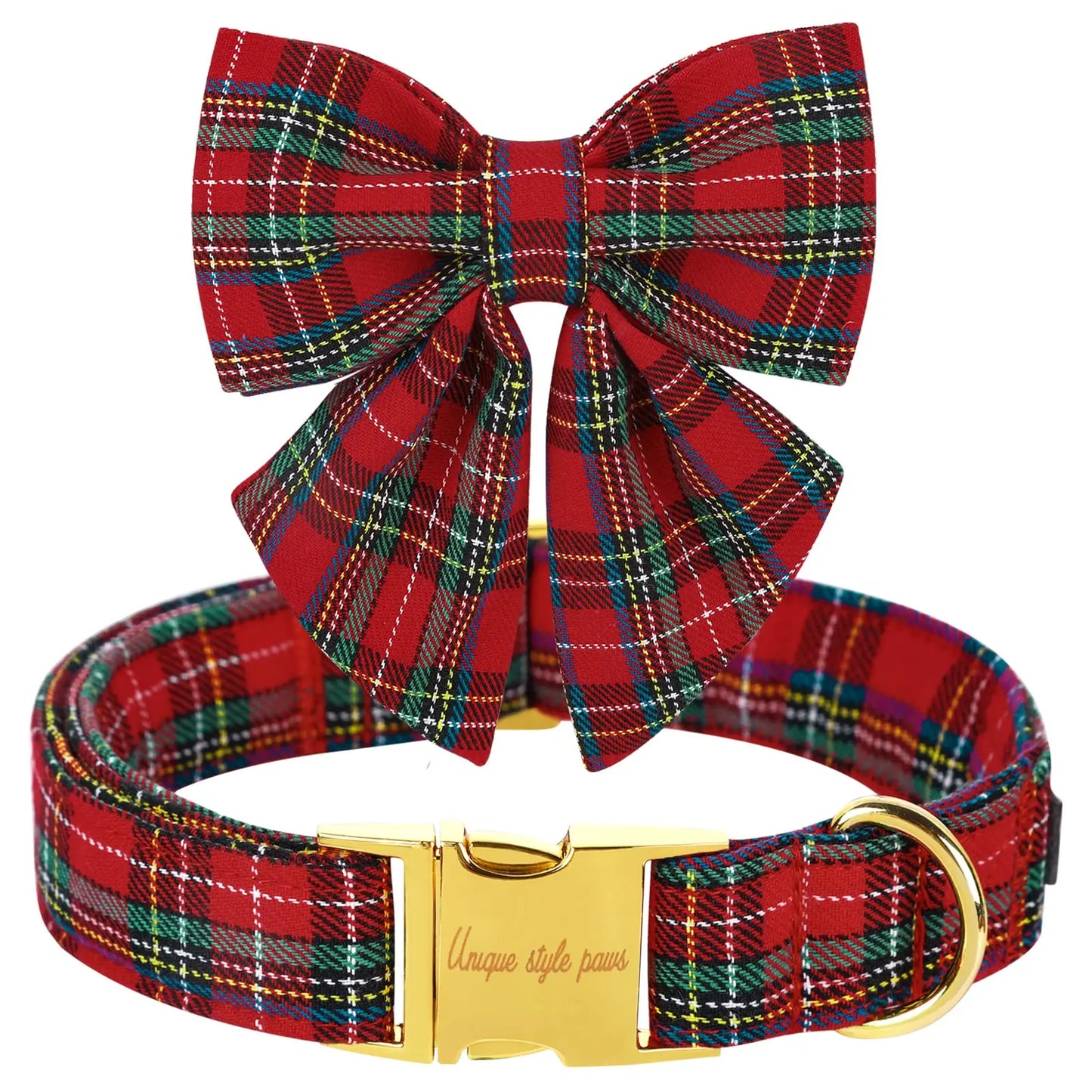 Elegant Plaid Dog Collar with Bow Tie - Adjustable Christmas Scottish Tartan Collar for Small, Medium, and Large Dogs, Perfect Holiday Gift for Pets