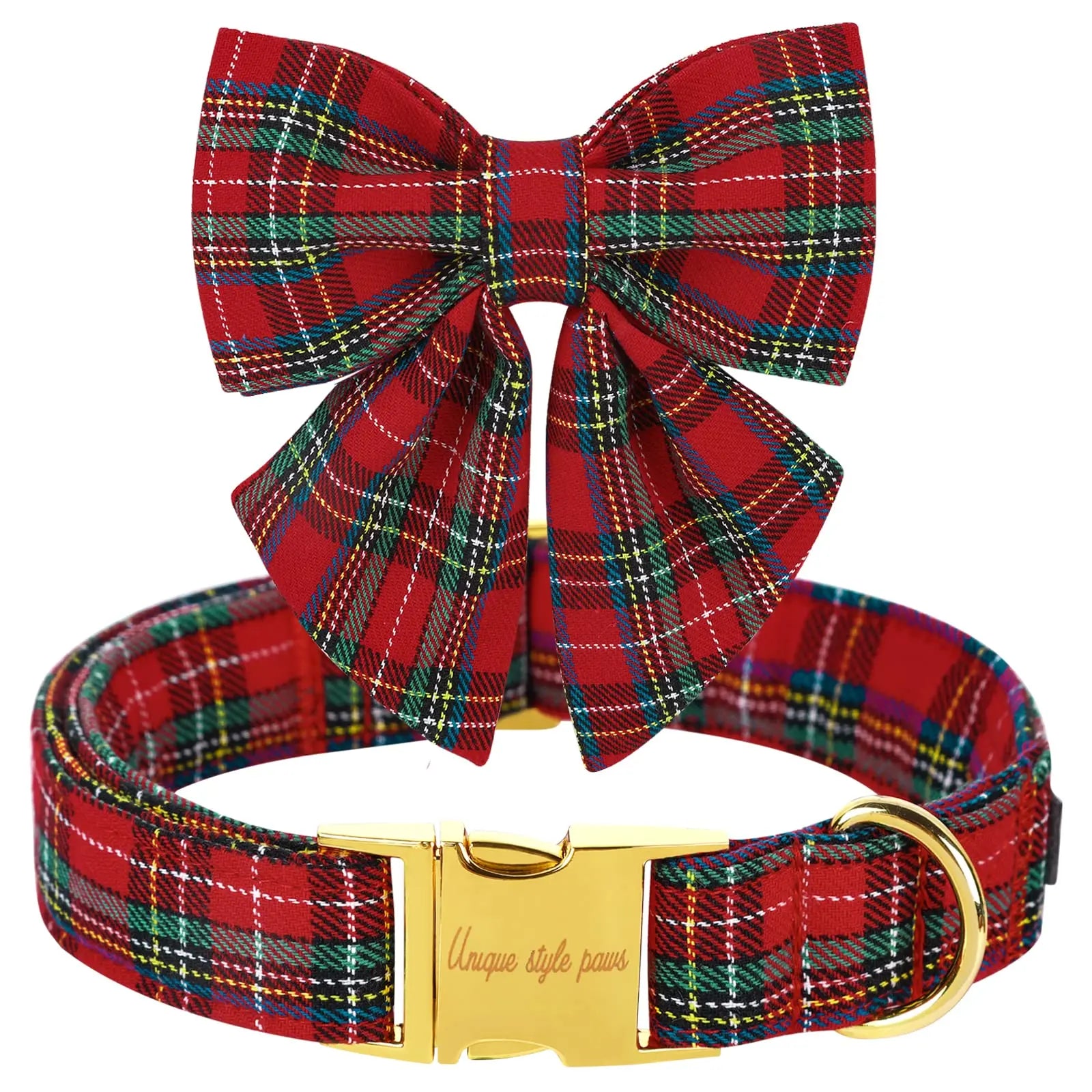 Elegant Plaid Dog Collar with Bow Tie - Adjustable Christmas Scottish Tartan Collar for Small, Medium, and Large Dogs, Perfect Holiday Gift for Pets