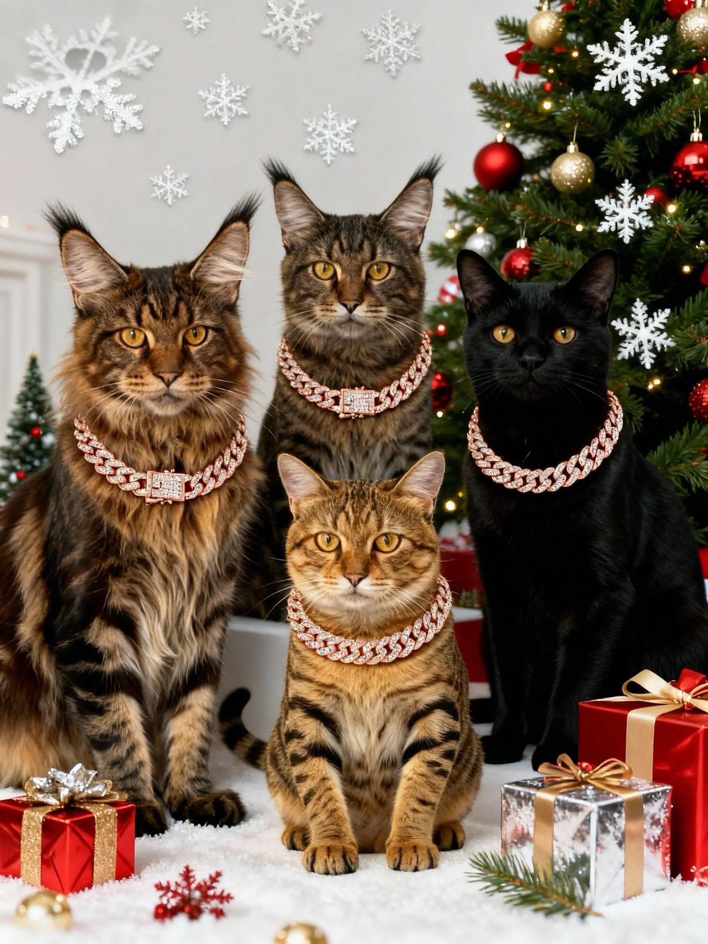 Rose Gold Diamond-Embellished Cuban-Style Cat Chain for Medium and Small Cats with Secure Buckle; Elegant Pet Jewelry Accessory