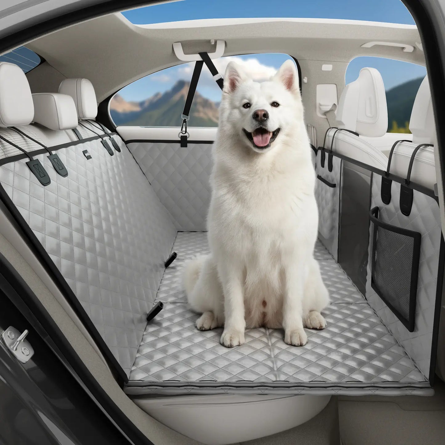 Pecute Waterproof Pet Car Seat Cover - Backseat Hammock with Mesh Window & Storage Pocket, Non-Slip 600D, Easy to Install and Washable for Cars and Trucks