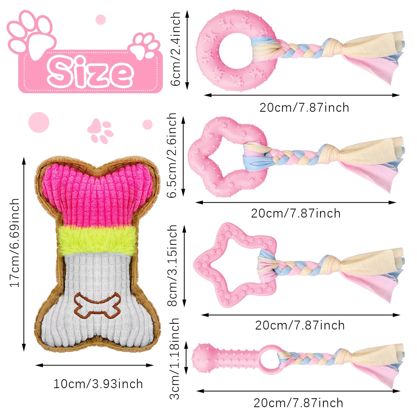 5-Pack Interactive Puppy Chew Toys for Teething Small Dogs - Pink Rubber and Plush Squeaky Dental Toys
