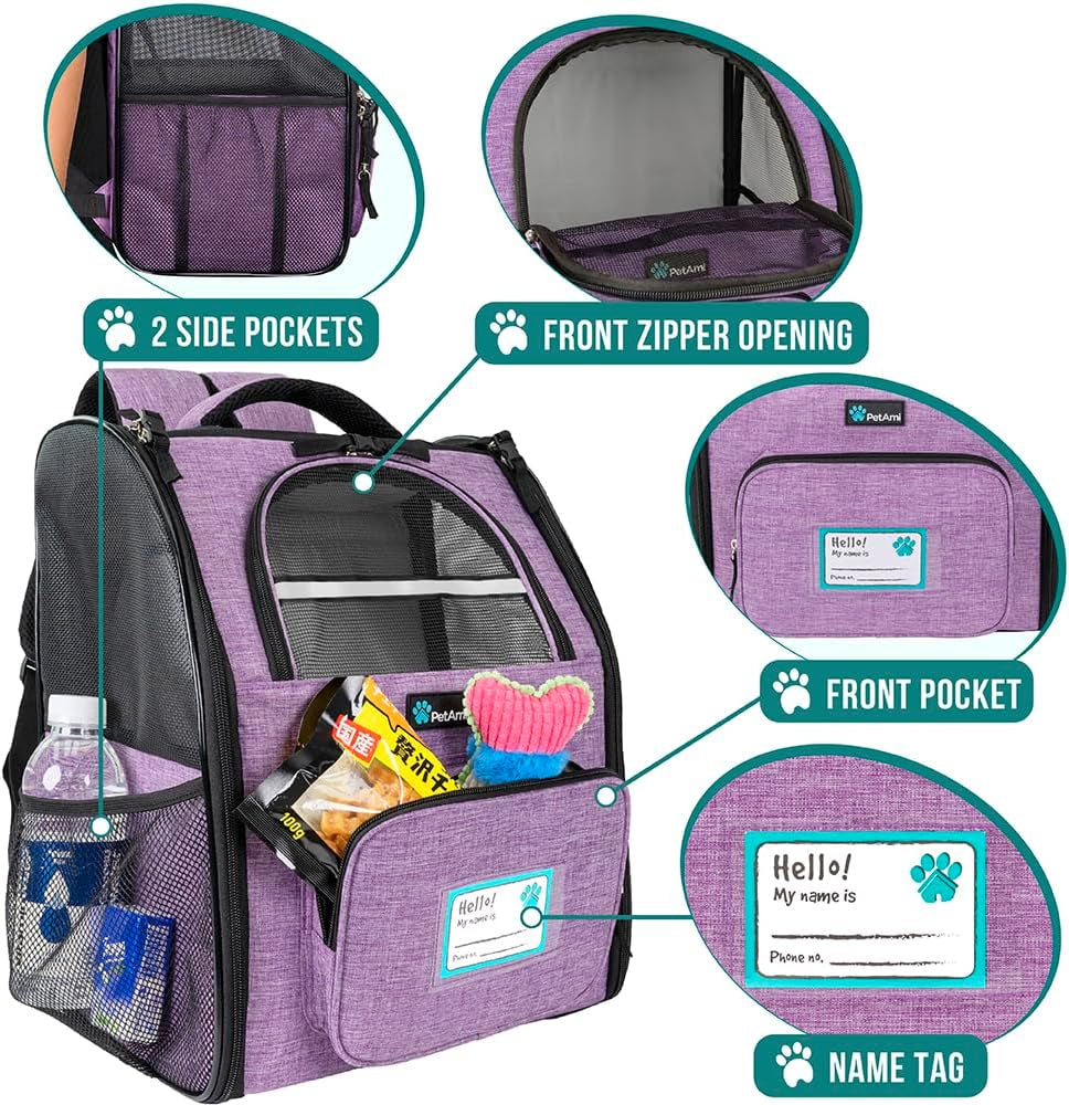 Ventilated Dog and Cat Backpack Carrier, Airline Approved for Pets up to 18 lbs, Ideal for Hiking, Camping, and Biking, Purple