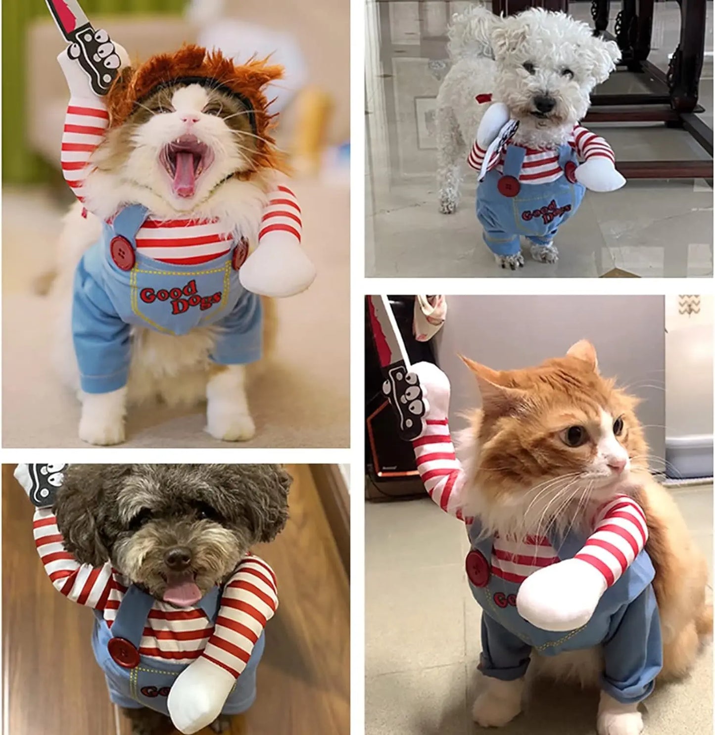 Chucky-Inspired Pet Costume with Wig and Knife Accessory for Dogs and Cats – Creative Halloween Outfit for Small, Medium, and Large Pets