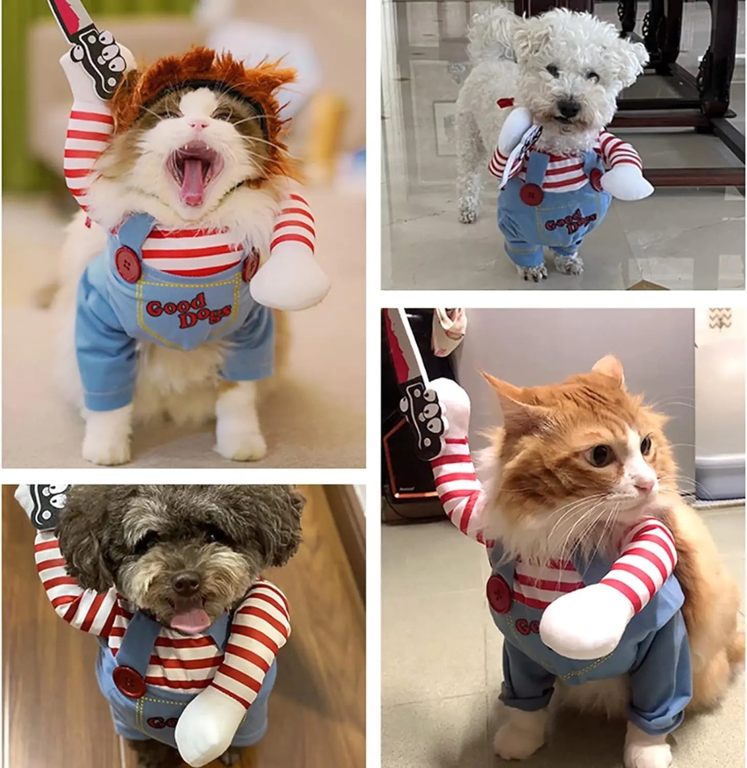 Chucky-Inspired Pet Costume with Wig and Knife Accessory for Dogs and Cats – Creative Halloween Outfit for Small, Medium, and Large Pets