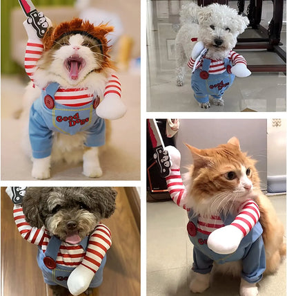 Chucky-Inspired Pet Costume with Wig and Knife Accessory for Dogs and Cats – Creative Halloween Outfit for Small, Medium, and Large Pets