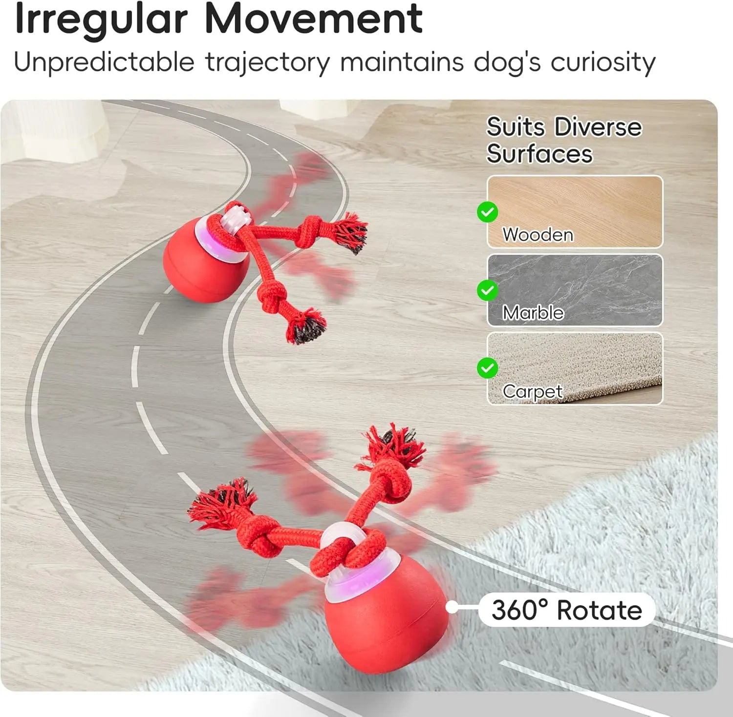 Potaroma Touch-Activated Dog Ball Toy - Rechargeable, Squeaky, and Interactive Moving Ball with Rope for Medium and Small Dogs - Dark Red