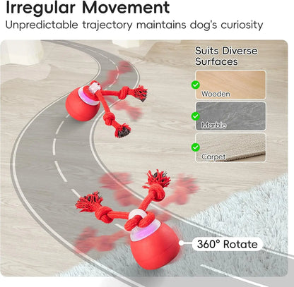 Potaroma Touch-Activated Dog Ball Toy - Rechargeable, Squeaky, and Interactive Moving Ball with Rope for Medium and Small Dogs - Dark Red