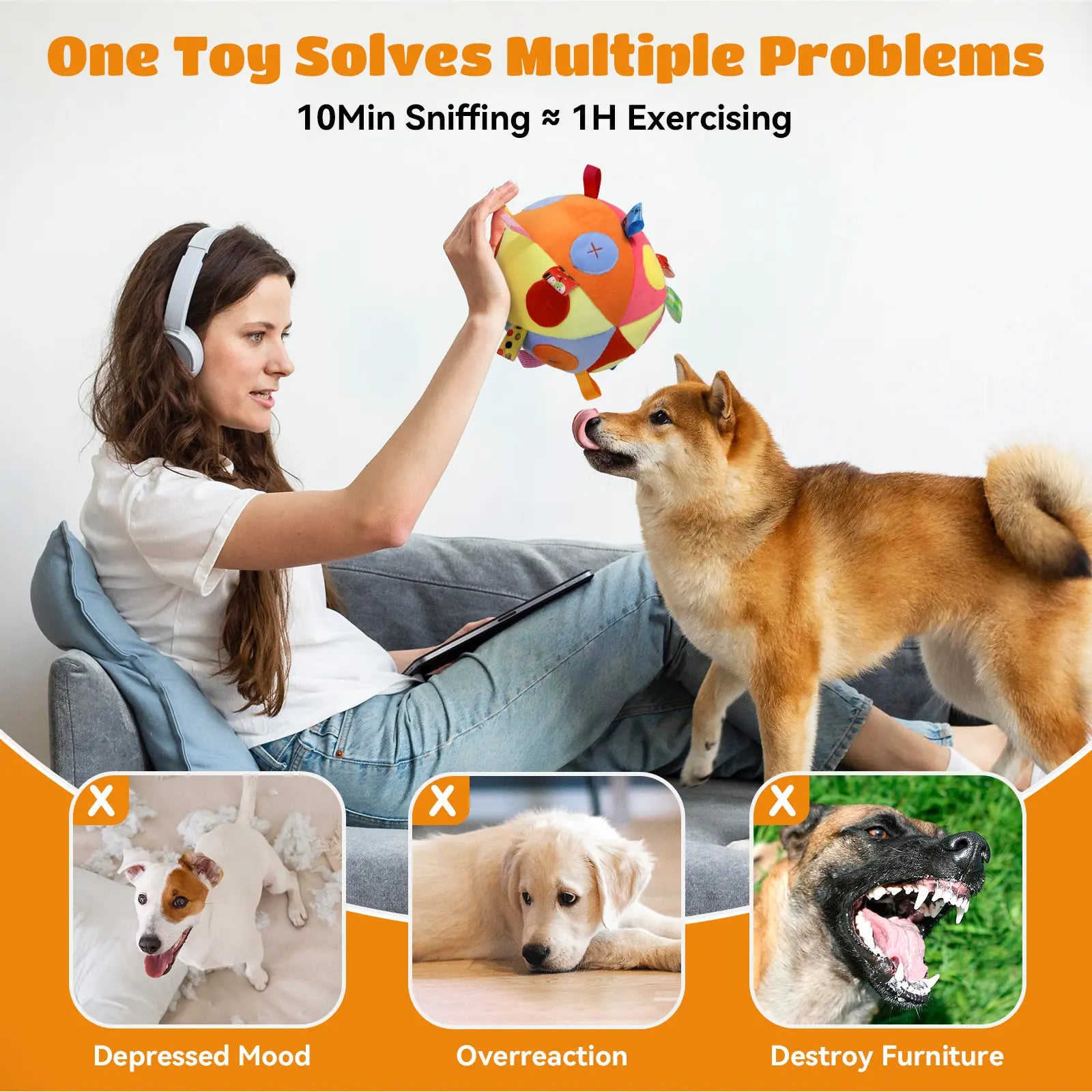 Interactive Dog Snuffle Feeding Ball Toy for Slow Eating and Mental Stimulation, Includes Cotton Fillings and Bell for Enhanced Exercise and IQ Training