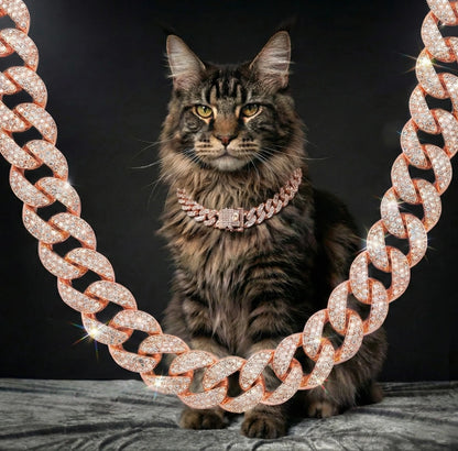 Rose Gold Diamond-Embellished Cuban-Style Cat Chain for Medium and Small Cats with Secure Buckle; Elegant Pet Jewelry Accessory