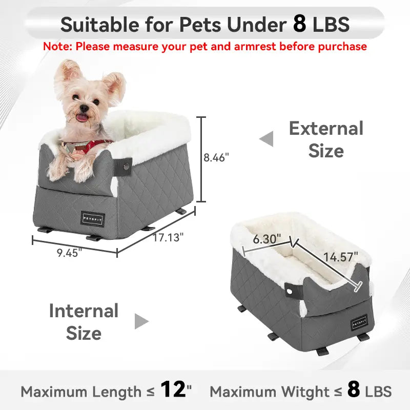 PETSFIT Center Console Dog Car Seat with Enhanced Safety Features, Washable Cushion, and 5-Year Warranty for Small Dogs Up to 8 lbs (Grey)