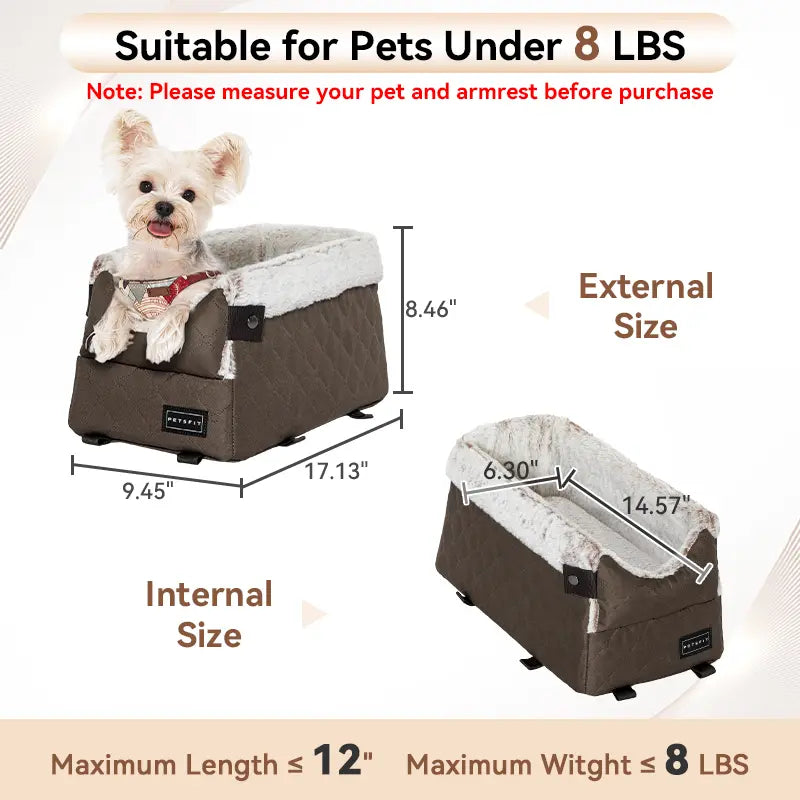 PETSFIT Center Console Dog Car Seat with Enhanced Safety Features, Washable Cushion, and 5-Year Warranty for Small Dogs Up to 8 lbs (Grey)