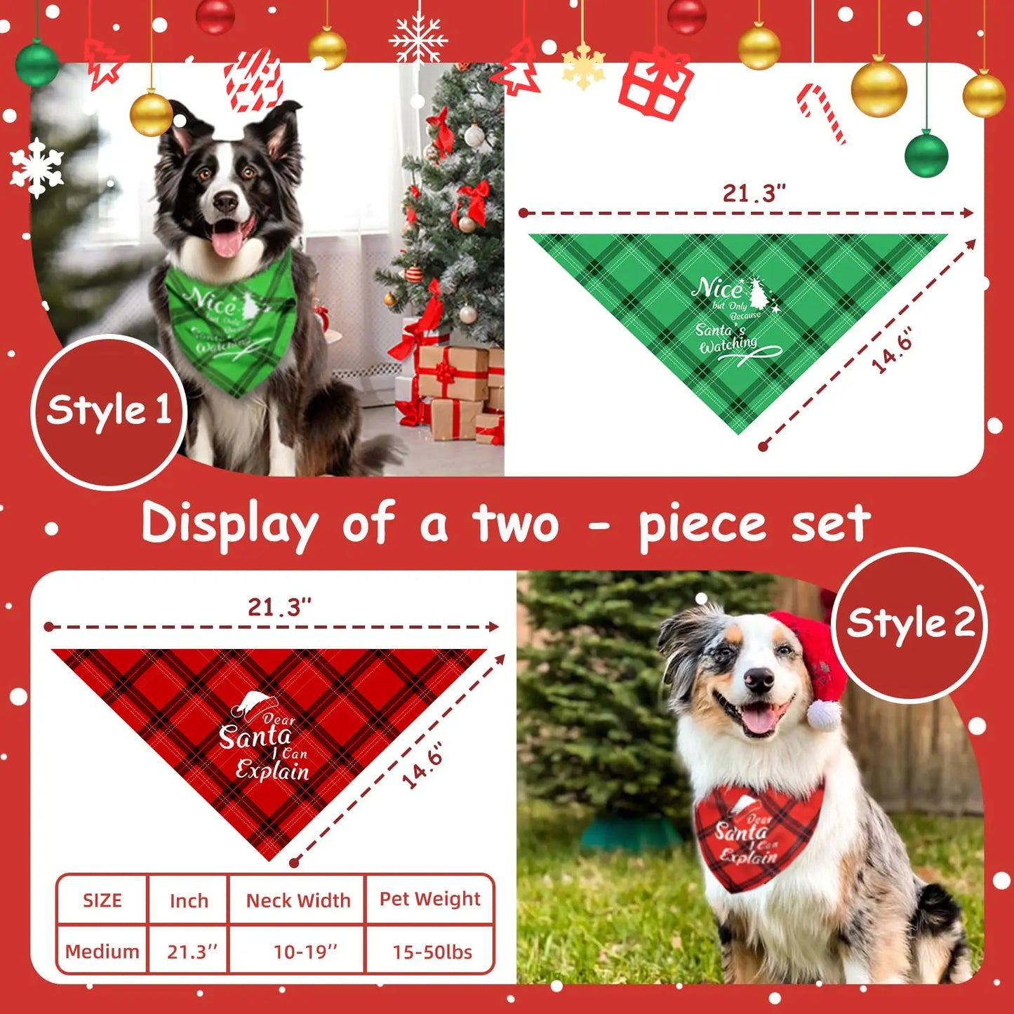Christmas Pet Bandanas - Set of 2, Festive Plaid Scarves for Medium and Large Dogs