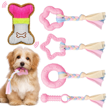 5-Pack Interactive Puppy Chew Toys for Teething Small Dogs - Pink Rubber and Plush Squeaky Dental Toys