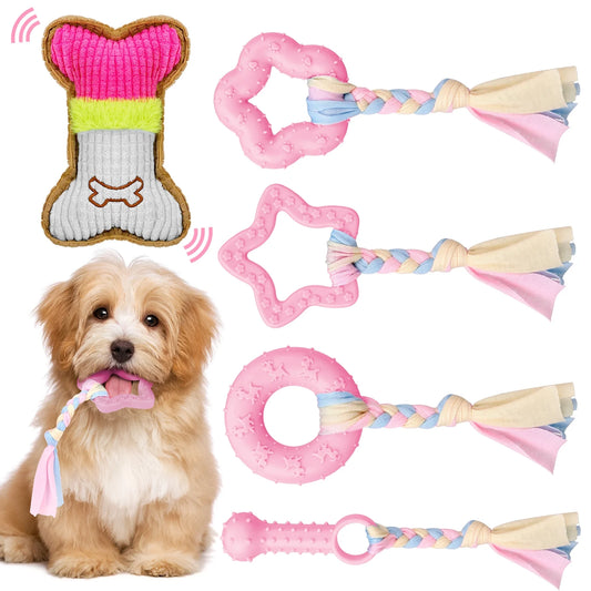 5-Pack Interactive Puppy Chew Toys for Teething Small Dogs - Pink Rubber and Plush Squeaky Dental Toys