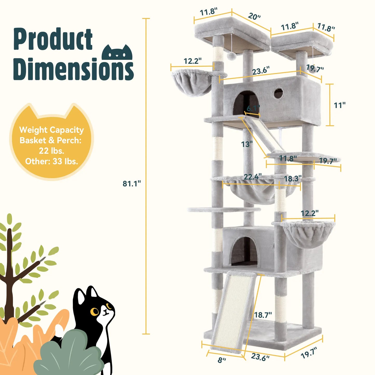 HOOMIC 81-Inch Large Cat Tree Tower - Multi-Level Climbing Structure with Condo, Hammock, and Scratching Post for Larger Cats, Available in Various Colors and Patterns