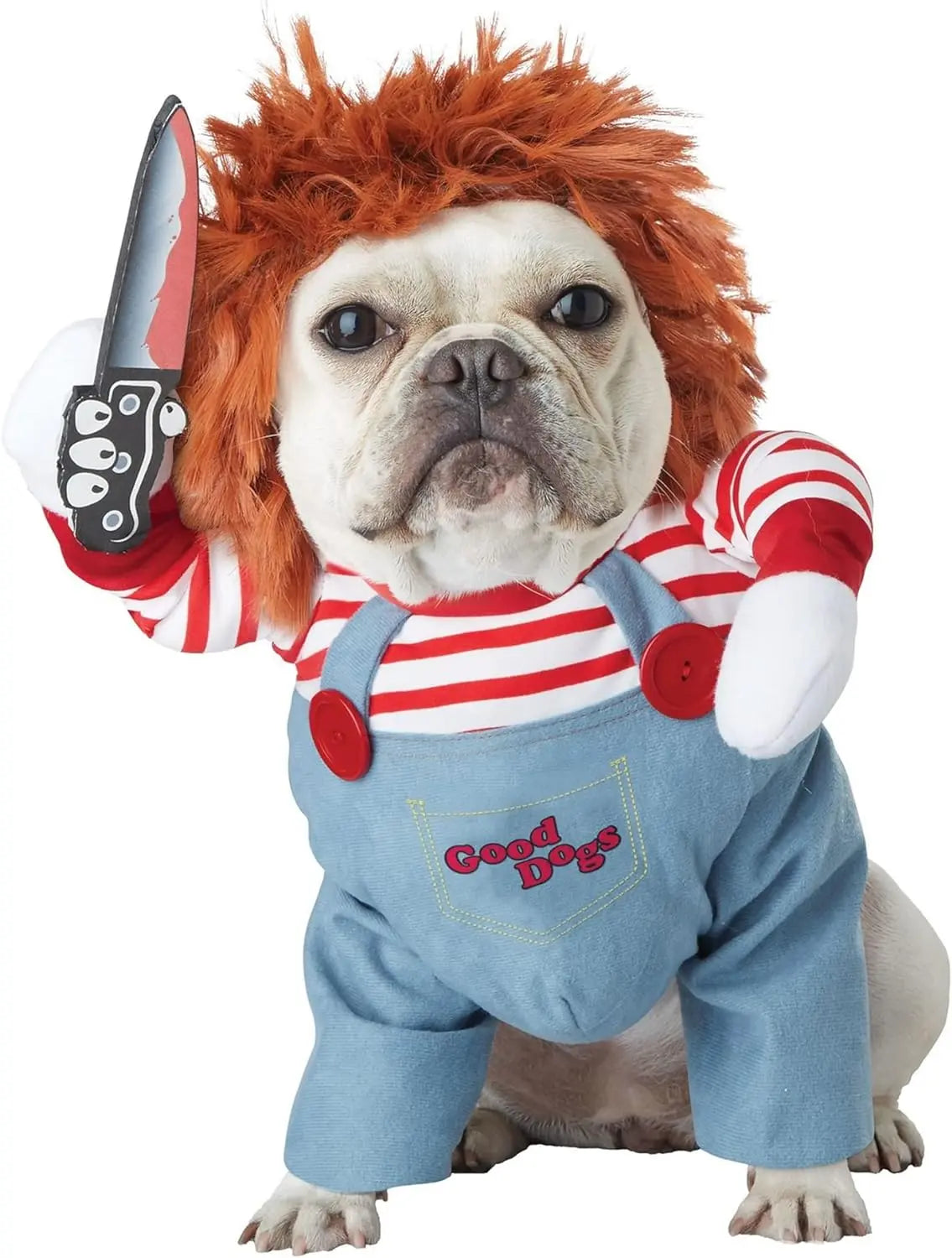 Chucky-Inspired Pet Costume with Wig and Knife Accessory for Dogs and Cats – Creative Halloween Outfit for Small, Medium, and Large Pets