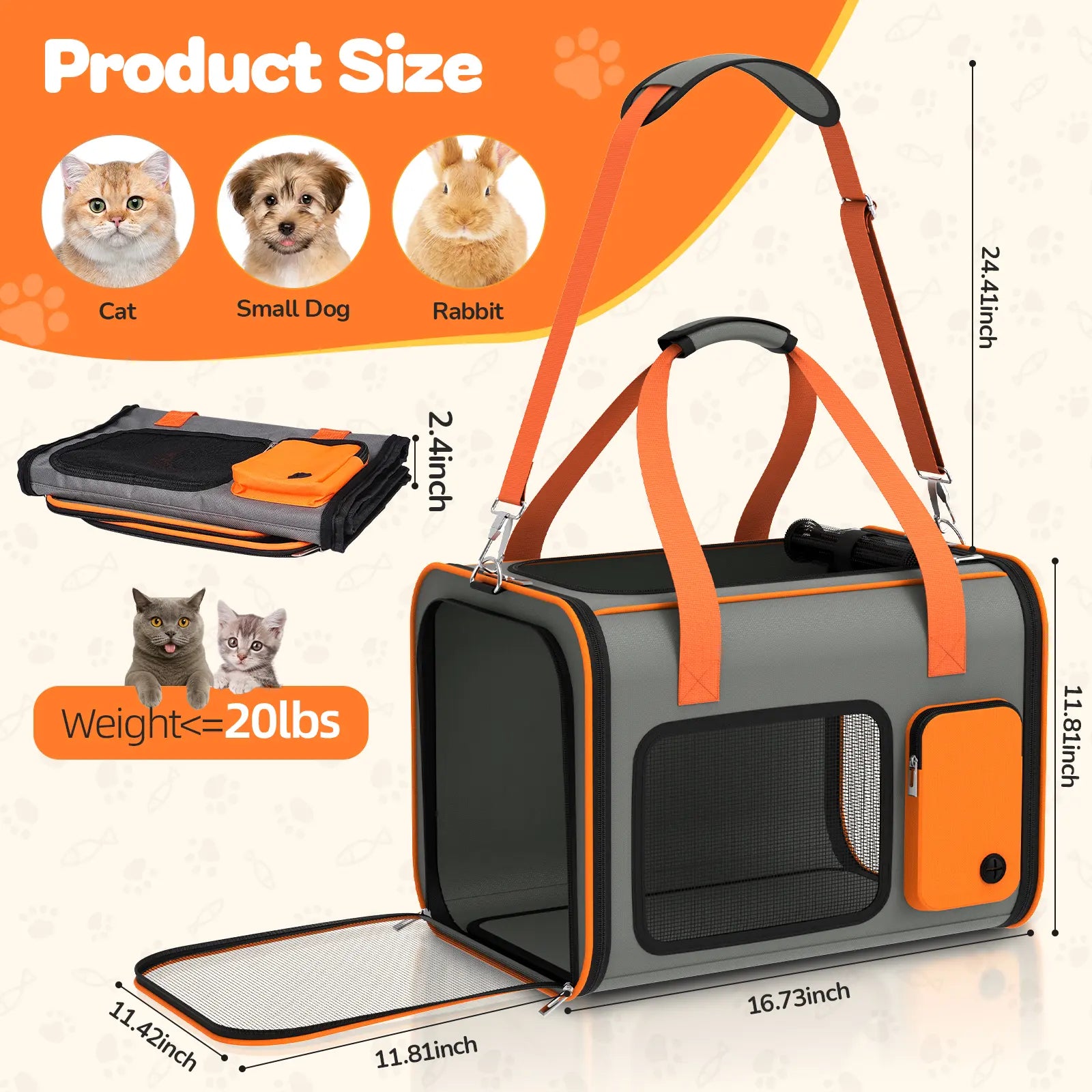 Portable Pet Carrier with Foldable Design for Convenient Storage, Removable and Washable Padded Bottom, Integrated Safety Buckle, Breathable Mesh Construction, Includes Handle and Adjustable Shoulder Strap.