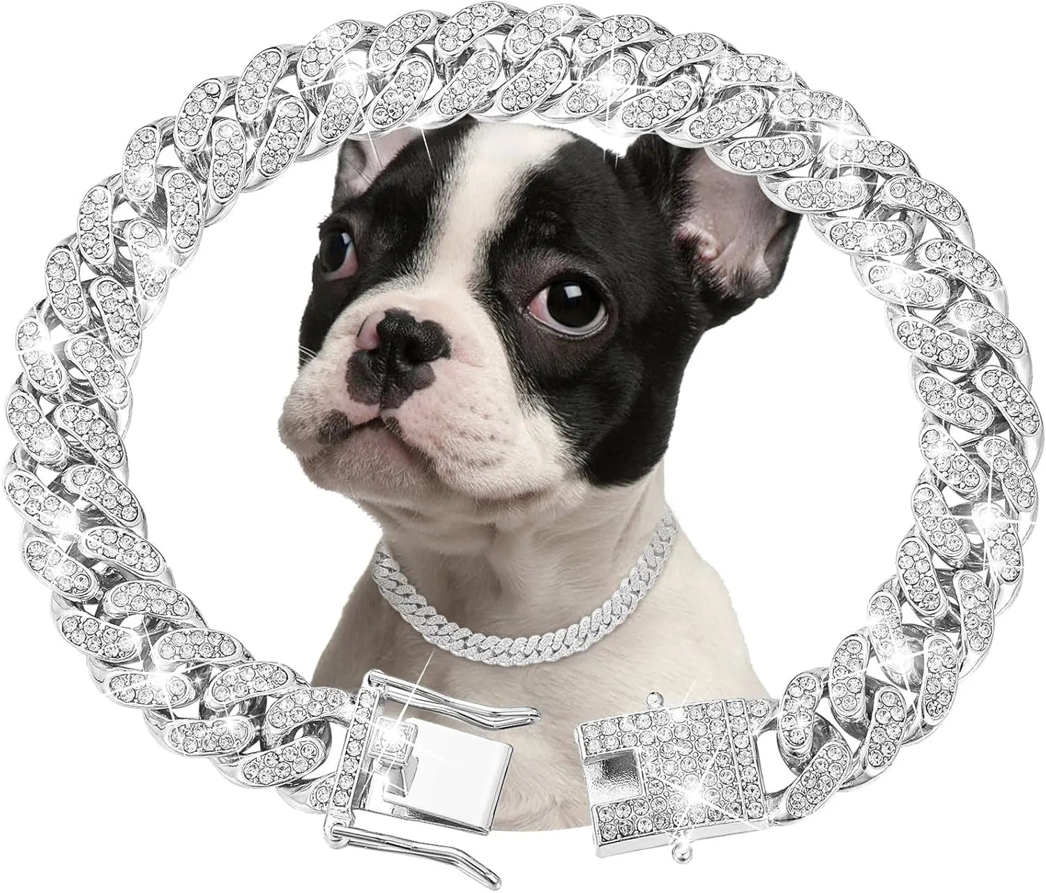 Silver Diamond Cuban Link Dog Collar - 13mm Wide Metal Accessory for Small to Large Dogs and Cats (16 Inches)
