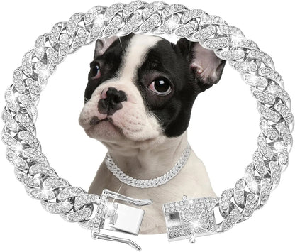 Silver Diamond Cuban Link Dog Collar - 13mm Wide Metal Accessory for Small to Large Dogs and Cats (16 Inches)