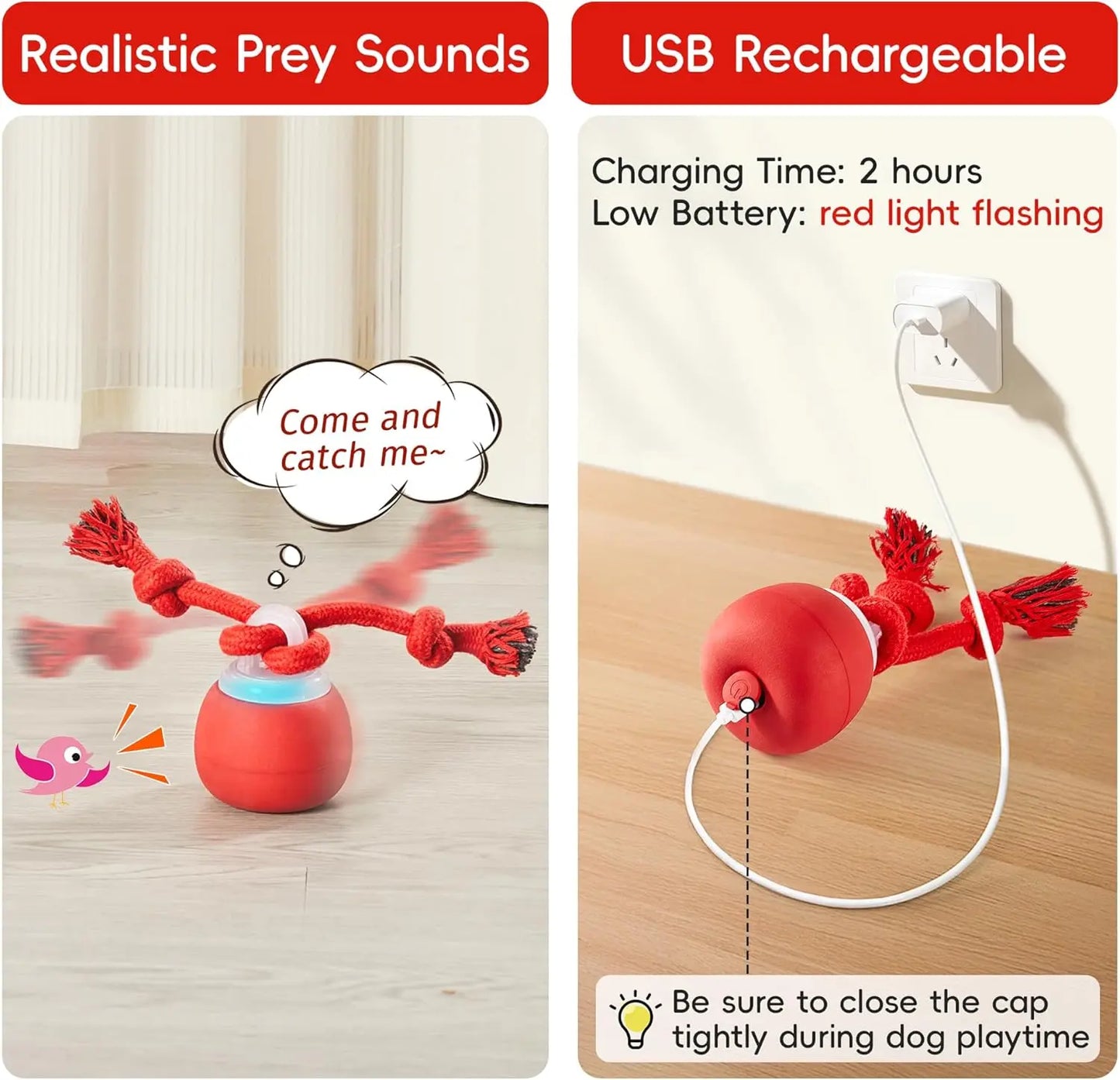 Potaroma Touch-Activated Dog Ball Toy - Rechargeable, Squeaky, and Interactive Moving Ball with Rope for Medium and Small Dogs - Dark Red