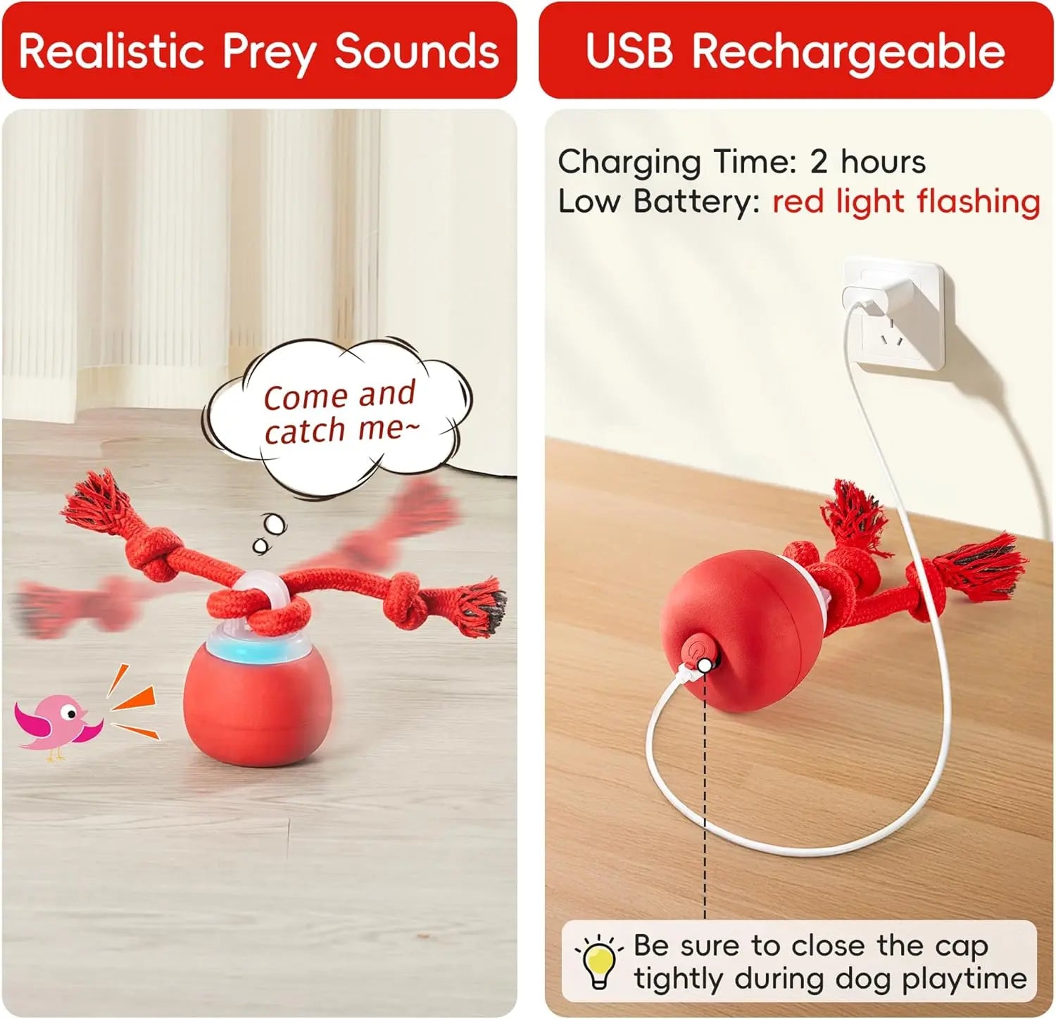 Potaroma Touch-Activated Dog Ball Toy - Rechargeable, Squeaky, and Interactive Moving Ball with Rope for Medium and Small Dogs - Dark Red