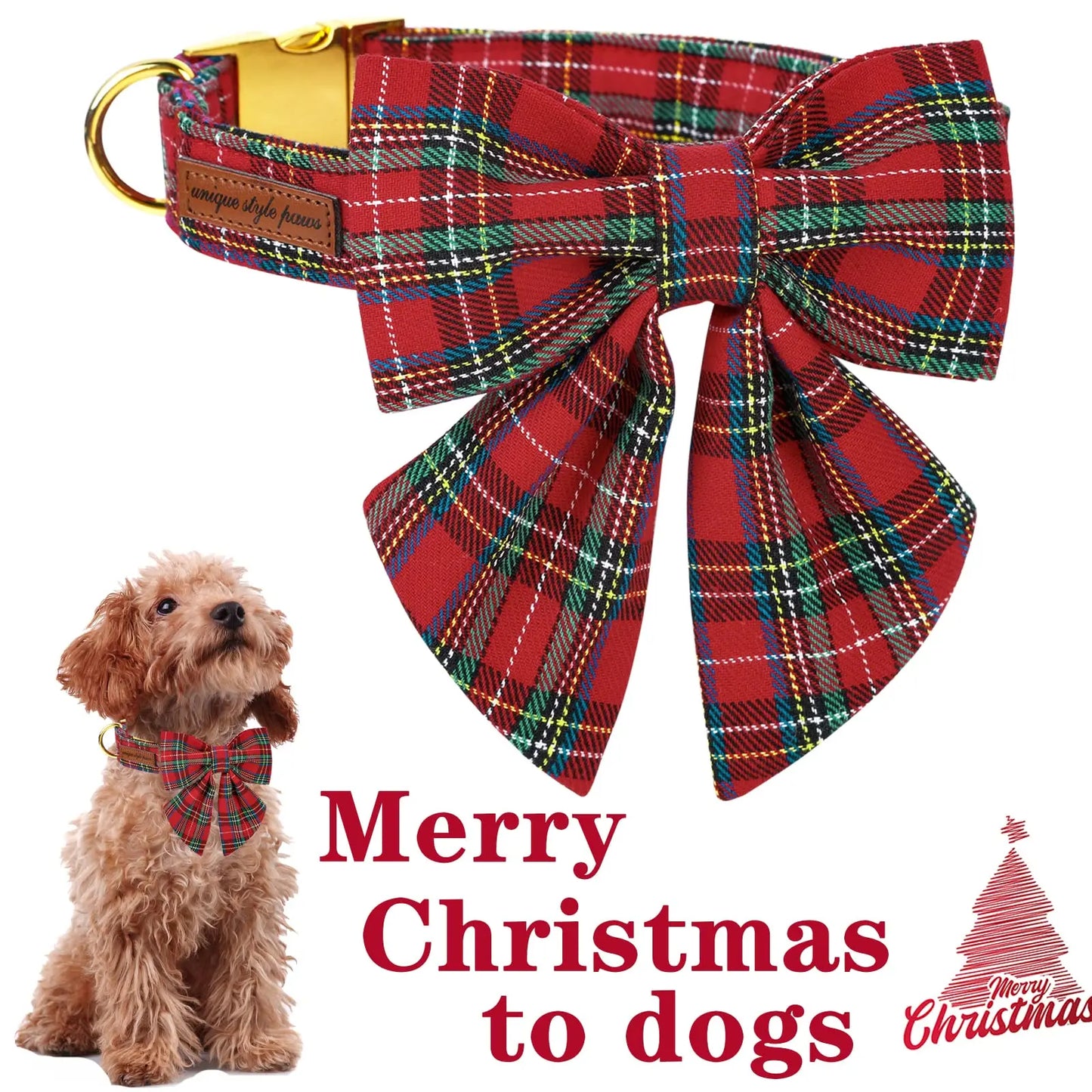 Elegant Plaid Dog Collar with Bow Tie - Adjustable Christmas Scottish Tartan Collar for Small, Medium, and Large Dogs, Perfect Holiday Gift for Pets