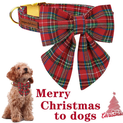 Elegant Plaid Dog Collar with Bow Tie - Adjustable Christmas Scottish Tartan Collar for Small, Medium, and Large Dogs, Perfect Holiday Gift for Pets