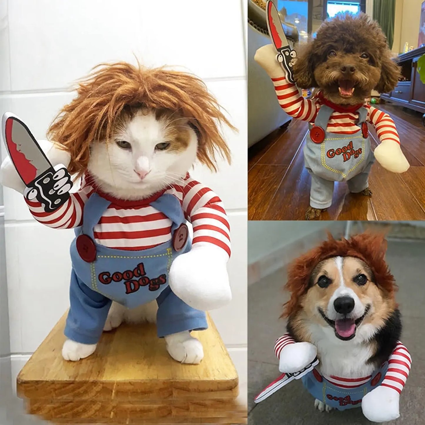 Chucky-Inspired Pet Costume with Wig and Knife Accessory for Dogs and Cats – Creative Halloween Outfit for Small, Medium, and Large Pets