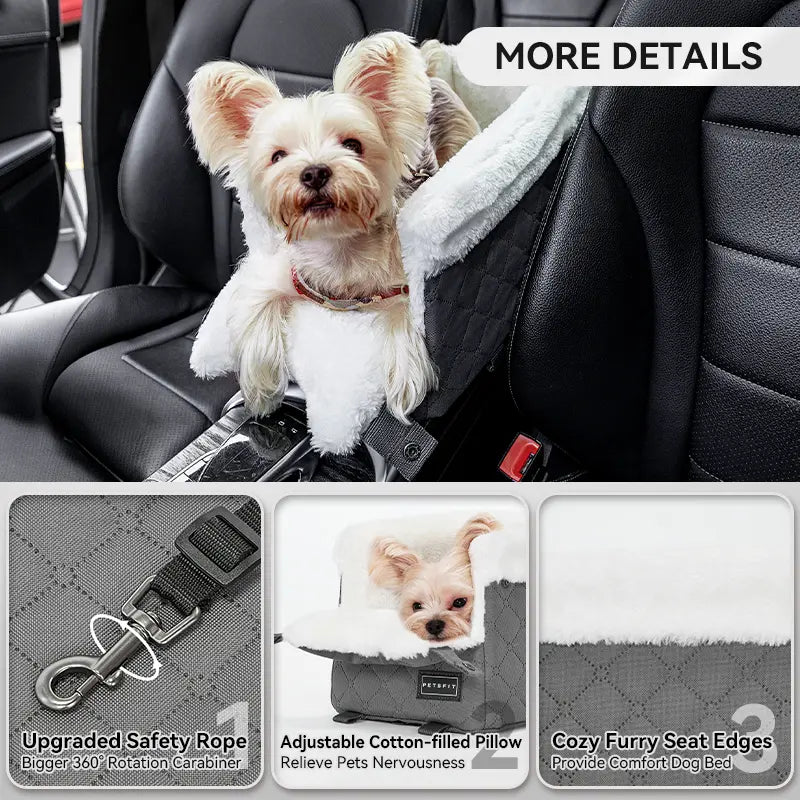 PETSFIT Center Console Dog Car Seat with Enhanced Safety Features, Washable Cushion, and 5-Year Warranty for Small Dogs Up to 8 lbs (Grey)