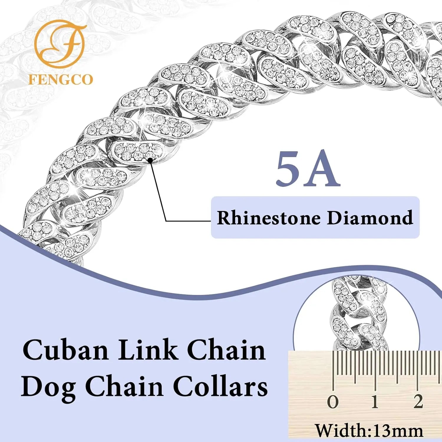 Silver Diamond Cuban Link Dog Collar - 13mm Wide Metal Accessory for Small to Large Dogs and Cats (16 Inches)