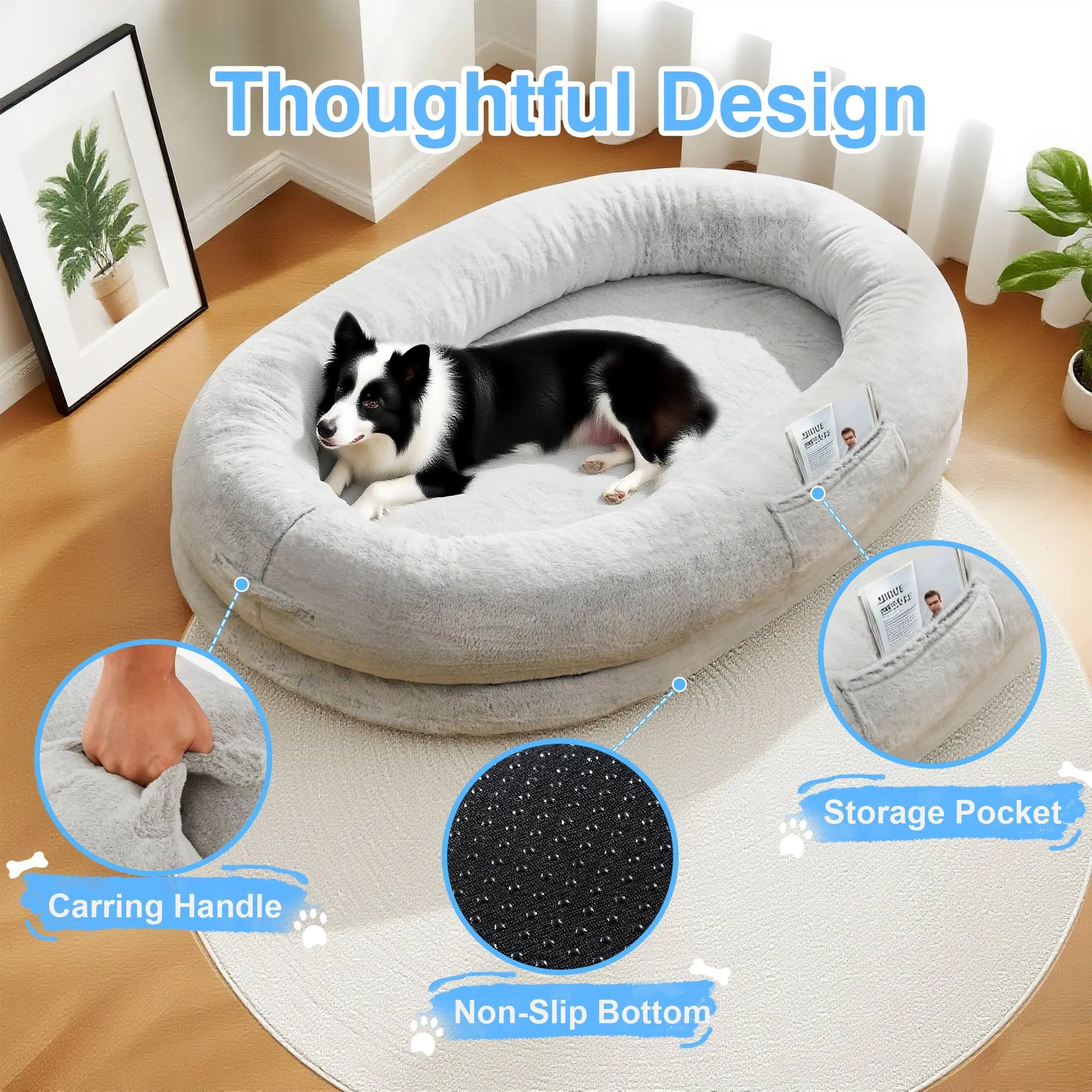 Extra Large Orthopedic Faux Fur Dog Bed for Adults and Pets – Comfortable Lounger with Pillow and Blanket, Washable Nap Bed, Ideal for Senior and Disabled Dogs, Perfect Gift for Pet Enthusiasts