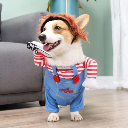 Chucky-Inspired Pet Costume with Wig and Knife Accessory for Dogs and Cats – Creative Halloween Outfit for Small, Medium, and Large Pets