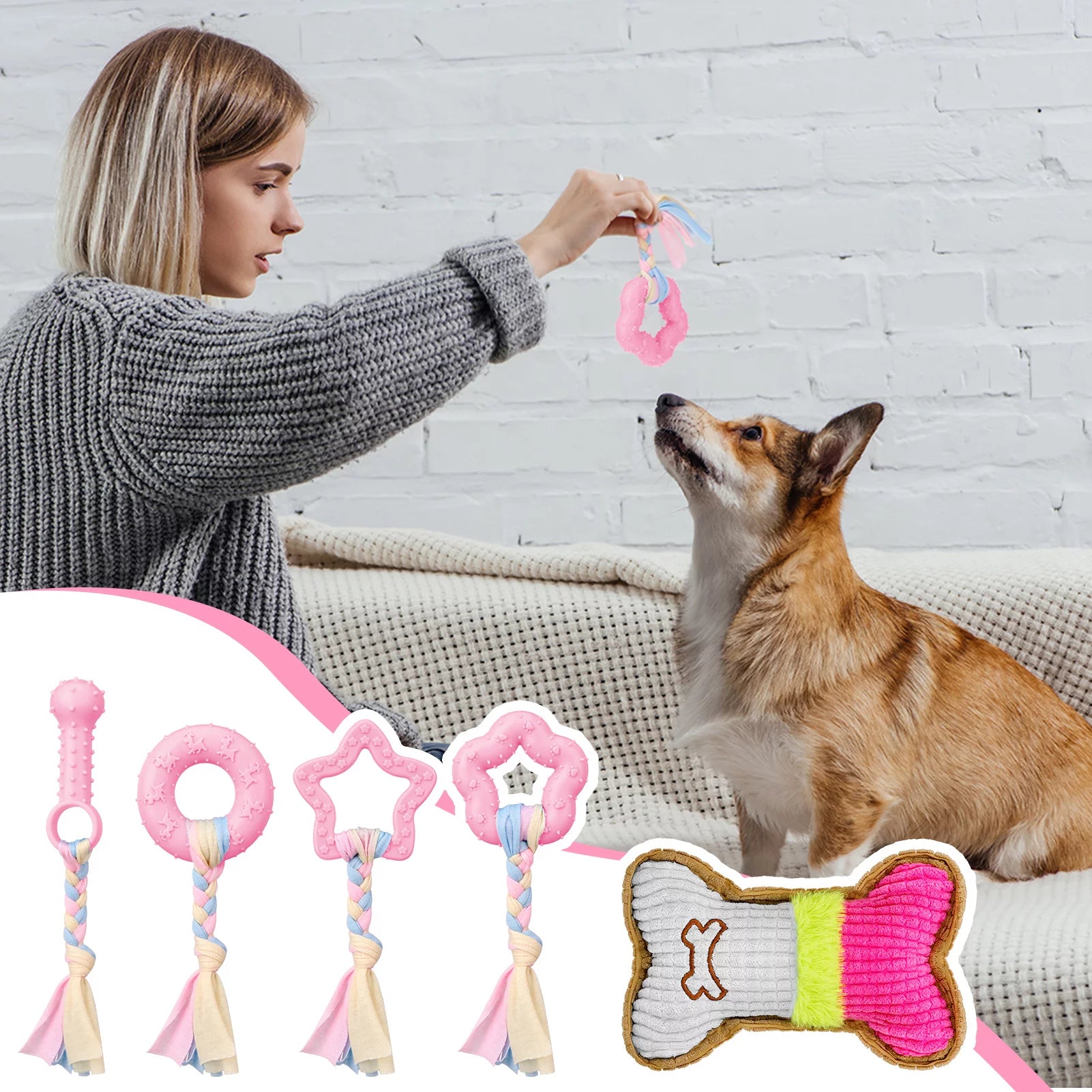 5-Pack Interactive Puppy Chew Toys for Teething Small Dogs - Pink Rubber and Plush Squeaky Dental Toys