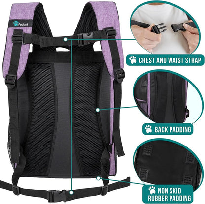 Ventilated Dog and Cat Backpack Carrier, Airline Approved for Pets up to 18 lbs, Ideal for Hiking, Camping, and Biking, Purple