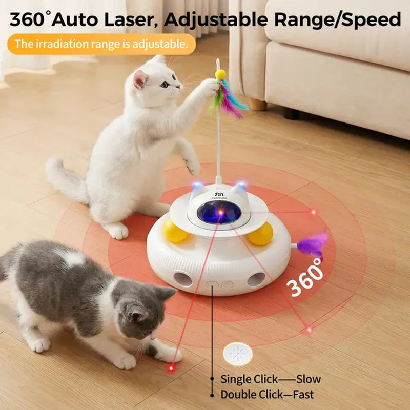 5-in-1 Interactive Cat Toy: Automatic Light Pointer and Rotating Feather Teaser for Engaging Indoor Play