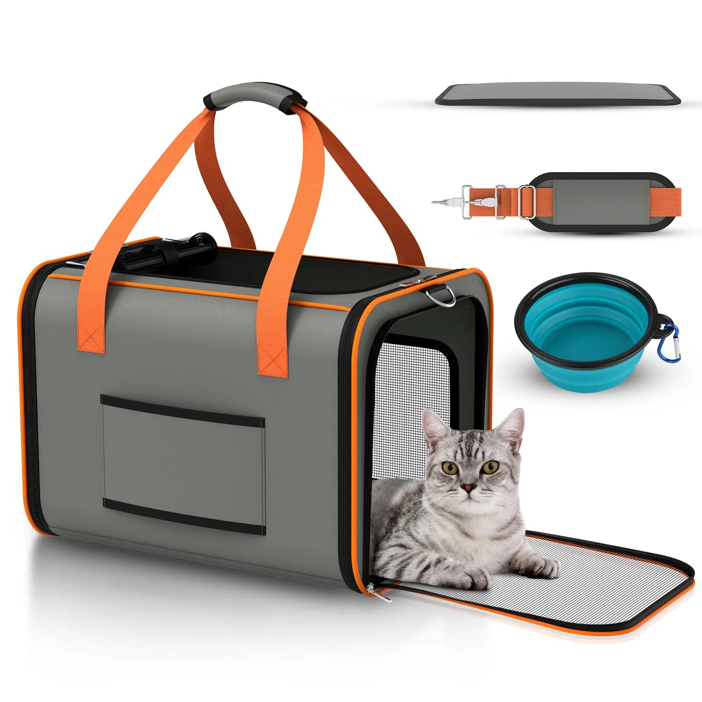 Portable Pet Carrier with Foldable Design for Convenient Storage, Removable and Washable Padded Bottom, Integrated Safety Buckle, Breathable Mesh Construction, Includes Handle and Adjustable Shoulder Strap.