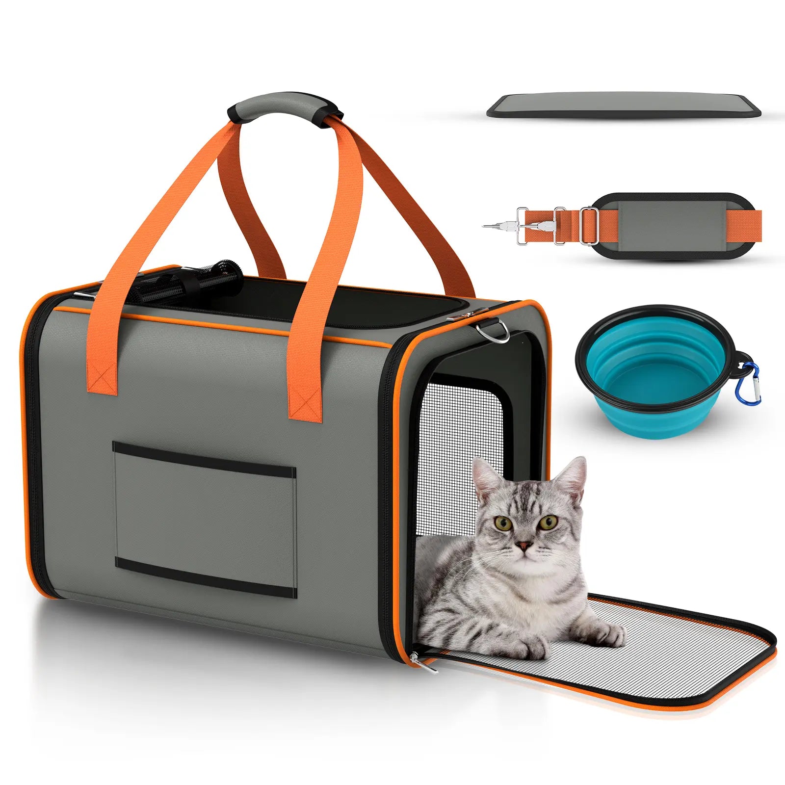 Portable Pet Carrier with Foldable Design for Convenient Storage, Removable and Washable Padded Bottom, Integrated Safety Buckle, Breathable Mesh Construction, Includes Handle and Adjustable Shoulder Strap.