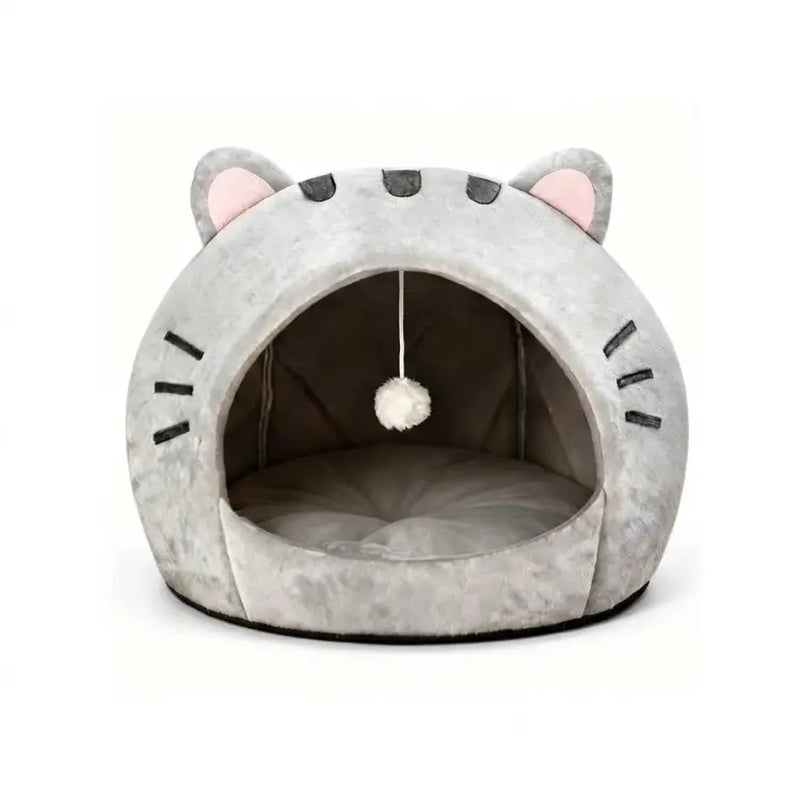 Cozy Semi-Enclosed Cat Cave Bed with Removable Pillow and Hanging Toy - Soft and Breathable Indoor Nest for Kittens